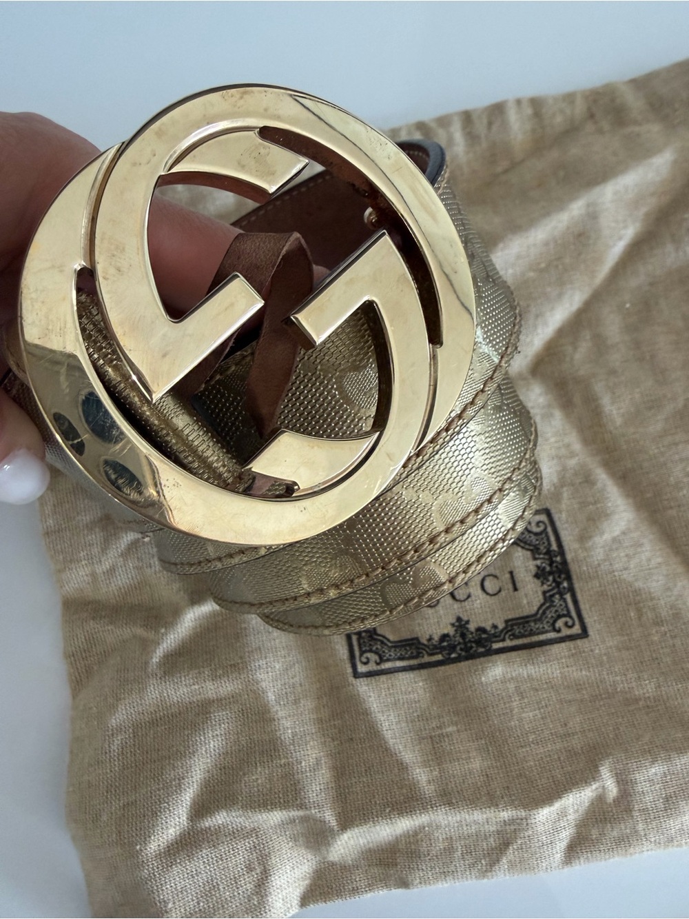 Gucci Beige Canvas Leather Belt with Gold GG Buckle - Picture 9 of 12